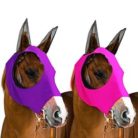 2 Pieces Horse Fly Mask Horse Mask with Ears Smooth and Elasticity Fly Mask with UV Protection (Purple, Pink,M)