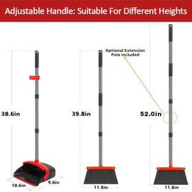 Upgraded Broom and Dustpan Set, Upright Broom and Dustpan Combo with 51" Long Handle, Dustpan Teeth with self-Cleaning Function, Indoor and Outdoor Sweeping, Perfect for Home Office(Red & Black)