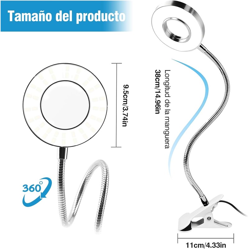 ALIMOTA Lupa con Luz LED 5X, Pinza y Brazo Ajustable
