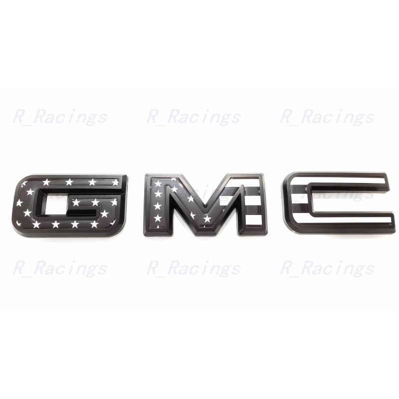 Auto Front & Rear GMC Black USA Flag OVERLAY Emblem