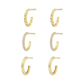 14K Yellow Gold Plated Stud Earrings Three Pairs Women's Small Hoop Earrings - Cubic Zirconia Rope Teardrop Chunky Earrings Earrings