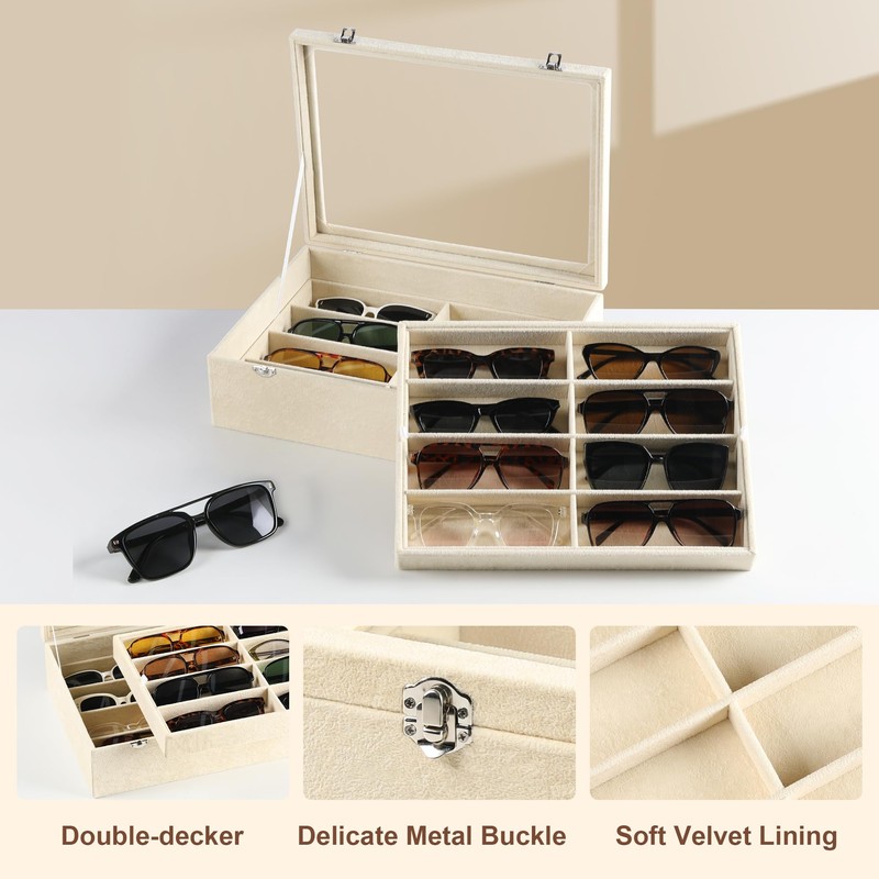 Frebeauty 16-Slot Sunglass Organizer Box,2 Layer Velvet Sunglasses Holder
