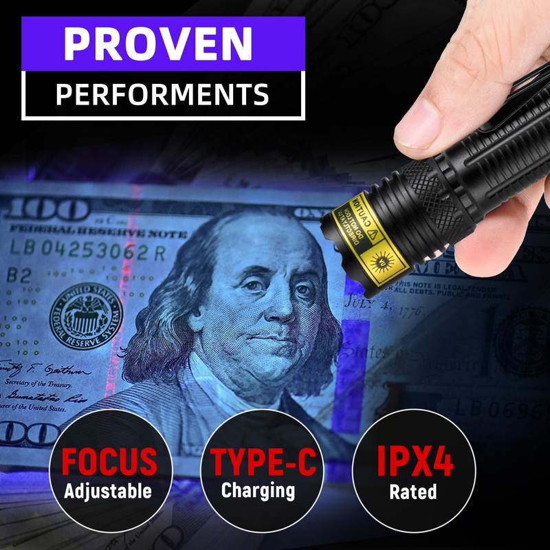 DARKDAWN UV Flashlight 365nm Black Light，Mini & Powerful USB- C