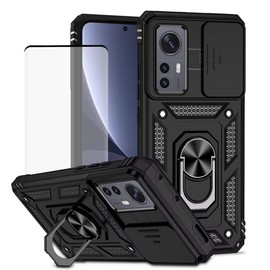 Vokuha Case for Mi 12 5G / Mi 12X Case, 2112123AC 2201123C Case with Tempered Glass Screen Protector and Slide Camera Cover, 360° Rotate Ring Stand Magnetic Cover for Xiaomi Mi 12 (5G) Black