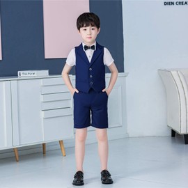 LOLANTA Boys 4PCs Waistcoat Suit, Wedding Party Shorts Set, Page Boy Outfits, Vest, Shirt, Shorts, Bow Tie Graduation Ceremony Summer Patry(9-10Years, Navy)