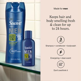 Suave Body Wash, Shampoo & Conditioner 3-in-1 for Men, Citrus Rush Bundle, Full-Size Twin Pack + 1 Travel-Size. (3 Piece Set)