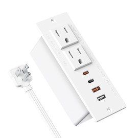 Recessed Power Strip 30W USB C,Furniture Flush Mount Desk Outlet,2 Outlets 4 USB Ports,Recessed Outlet for Side Table/Sofa Table,Ultra Thin Flat Plug Power Strip,3FT Cord (White)