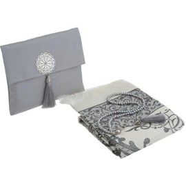 Prien Muslim Prayer Rug With Tasbih Beads and Portable Bag, Muslim Gift For Women Men, Mubarak Islamic Box, Soft Mat Gifts Set, Turkish Carpet For Ramadan, Eid, Hajj, Travel (Grey)