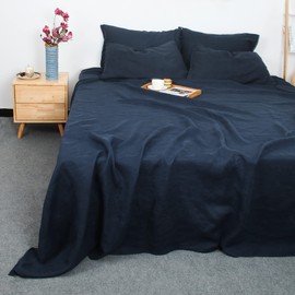 S VICTORY SYMBOL 100% Organic Linen Sheets Set,GOTS Certified French Natural Flax Bedding Ultra Soft Luxurious Stone Washed 4 Pieces Bed Sheet Set(Navy,Queen)