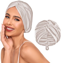 Baqzqudnl Adjustable Silk Satin Hair Bonnet for Sleeping Women, Double Layer, Silk Hair Wrap for Sleeping Women Men, Curly Natural Braid Straight Unisex - Champagne