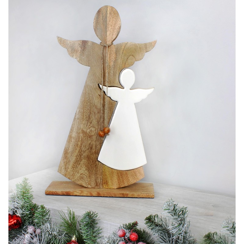 AuldHome Design Wood Enamel Nesting Angel Statue; Primitive Farmhouse Christmas