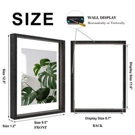 Egofine 9x12 Floating Frames Set of 2, Double Glass Picture Frame, Made of Solid Wood Display Any Size Photo up to 9x12, Wall Mount or Tabletop Standing, Rustic Black