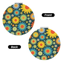keluki Abstract Hippie Flower Print Foldable Travel Pocket Mirror Round PU Leather Portable Mini Makeup Double Sided Handheld Magnifying,2.6 in