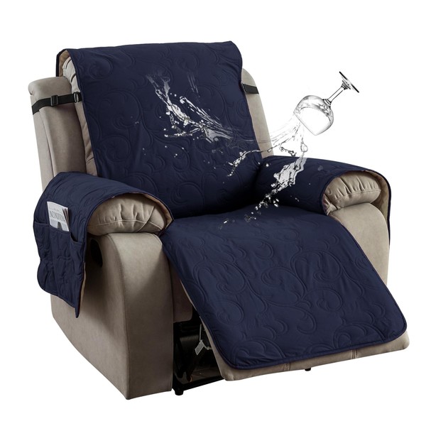 100% Waterproof Recliner Chair Cover, Recliner Chair Covers for Reclining Chair, Non-Slip Fabric Recliner Couch Cover for Living Room, for Pets Kids Protector, Washable (Navy Blue, 28"Recliner Chair)