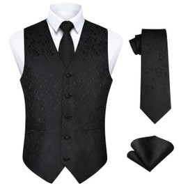 Enlision Men's Waistcoat Paisley Waistcoat Tie Pocket Square Set for Wedding Party Business XS - 6XL, black A