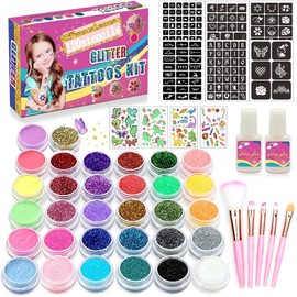 HEITIGN Glitter Tattoo Set 32 ​​Color Temporal Glitter Tattoo Kit de Maquillaje para Niños Adultos Body Glitter Art para Carnaval Fiesta de Cumpleaños
