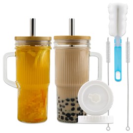 Eurppy Glass Cups with Bamboo Lids and Straws, Tumbler Cups with Handle 24oz, Mason Jar with Lid-Wide Mouth Drinking Glasses, Boba Cup Smoothie Tumbler Iced Coffee Cup Travel Cups