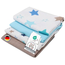 ZOLLNER Set of 4 Muslin Burp Cloths in 120 x 120 cm Made of Cotton - Skin-friendly Muslin Cloths - Especially Soft and Extremely Absorbent - Washable up to 60 °C - in White / Blue / Brown