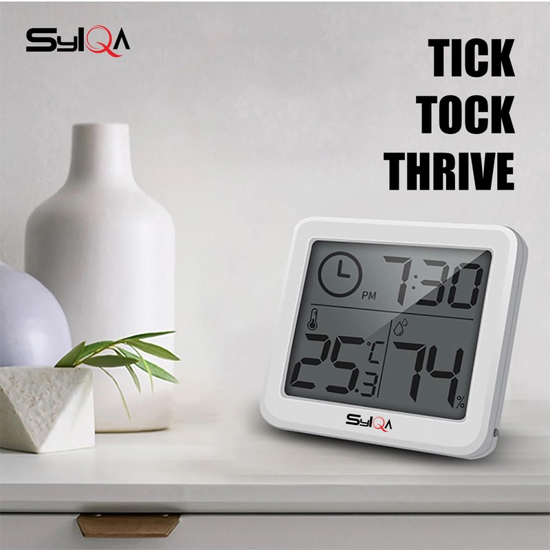SYLQA Room Thermometer with Clock - Smart Mini Thermometer &