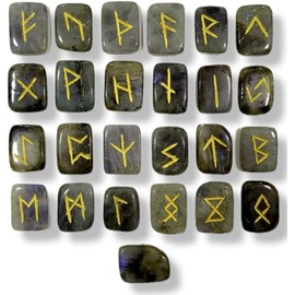Arts of India Labradorite Gemstone Rune Stones with Elder Futhark Alphabet Engraved 25 pcs Rune Set Crystal Divination Metaphysical Healing Chakra Reiki Runes Set
