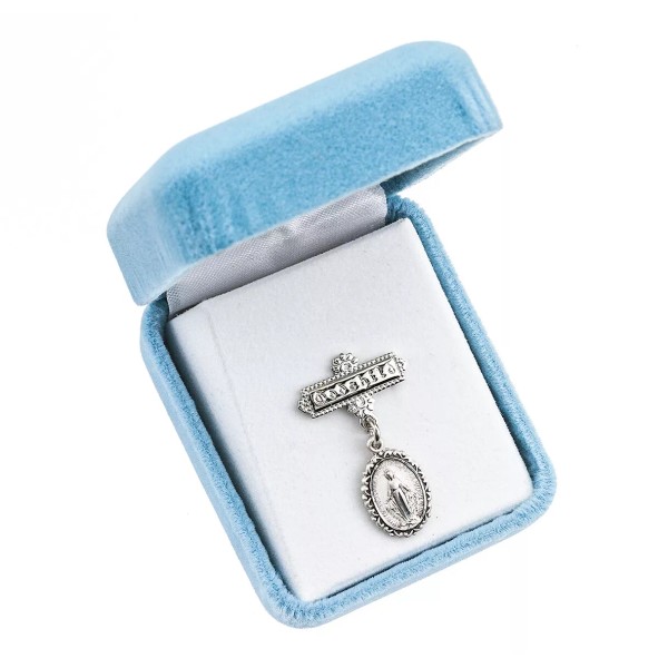 HMH Sterling Silver Fancy Border Oval Miraculous Medal Pendant Godchild