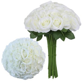 LVEFIT Artificial Rose Flower Artificial Flowers Flower with Long Stem Silk Roses Bouquet for Wedding Bridal Shower Party Home Decoration (White, 30 Pcs)