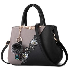 VARLIVOO Women Top-Handle Bag Flower Pattern Shoulder Bag Pom Pom Decoration Ladies Tote Bag Messenger Bag Travel Waterproof PU Leather