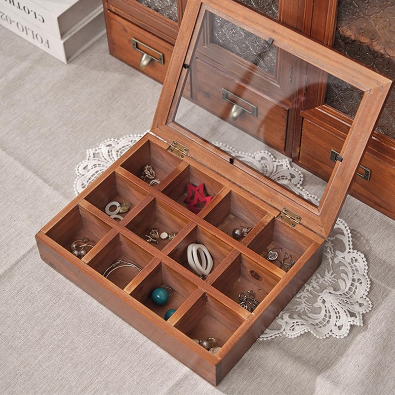 Wooden Tea Bag Storage Box with 12 Compartments, Plexiglass Lid,