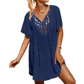 SimpleFun Beach Cover Ups for Women Short Sleeve Crochet V Neck Flowy Summer Short Dress Swimsuit Cover Up Navy Blue XL