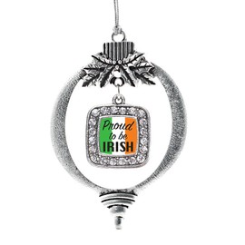 Inspired Silver - Proud to be Irish - Silver Christmas Ornament - Square Charm Christmas Tree Ornament with Cubic Zirconia - Holiday Hanging Decoration