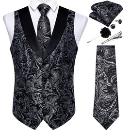 DiBanGu Mens Paisley Suit Vest Silk Jacquard Waistcoat and Necktie Set Formal Shawl Collar Dress Vest 7PCS for Wedding Party, Black Silver, XX-Large