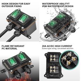 QTEATAK Inline Cord Switch DPST AC/DC 20A-125V, 16A-250V, 30A-24V, 35A-12V IP66 Green Double Switch Single Side Double Hole Outdoor Switch Waterproof Switch Box