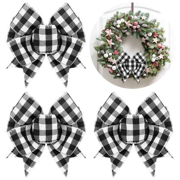 4 Pieces Buffalo Plaid Bows Christmas Plaid Bows for Wreath Gingham Bows Craft Bows Christmas Tree Decorative Bows for Xmas Party Birthday Wedding Decor Sewing Crafts (Black and White)
