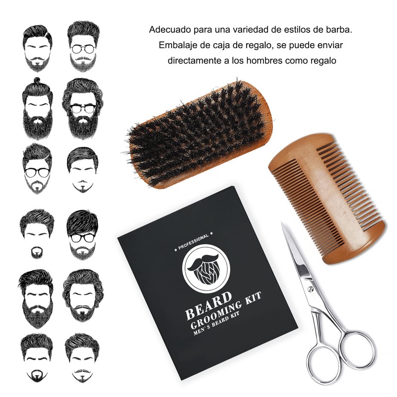 Kit para Barba Hombre, Cepillo, Peine y Tijeras, Set de