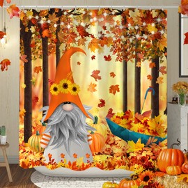 Linda cortina de ducha de gnomos de otoño, diseño de calabaza, girasoles, amarillo, rojo, dorado, hoja de arce, juego de cortinas de ducha para decoración de baño con ganchos, 72 x 72 pulgadas, decoración de baño de Acción de Gracias
