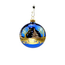 Victoria Bella 4-inch Hand-Painted Glass Christmas Tree Ball, Winter's tale on a blue background with gold leaf' Pattern, Individually packed