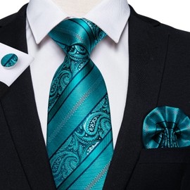 DiBanGu - Juego de corbatas para hombre, diseño de cachemira, tela de seda, con corbata y bolsillo cuadrados, juego de regalo formal y corbata regular, Verde azulado (Teal Stripe), Talla única