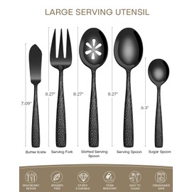 Ollex Stainless Steel Large Serving Utensils with Hammered Serving Spoon, Slotted, Serving Fork,Butter Knife,Sugar Spoon Hostess Black Serving Utensil Set for Parties,Buffet,Dishwasher Safe