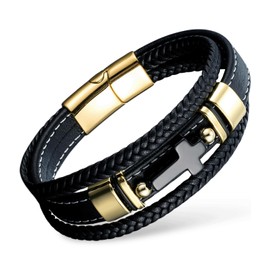 VANFORWYN Mens Bracelet Cross Multilayer Black Braided Genuine Leather Bracelet for Men Christian Jewelry 316L Stainless Steel Clasp Religious Gift for Men