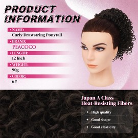 PEACOCO Drawstring Ponytail Extension 12 Inch Short Afro Puff Kinky Curly Ponytail for African American Synthetic Pony Tails Hair Extensions Hairpieces for Women (6#)