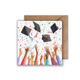 WBdesignz Graduation Card with Envelope - Graduation Hat School Certificate University Bachelor Master Celebration Confetti Greeting Card (Square - 125 x 125 mm)