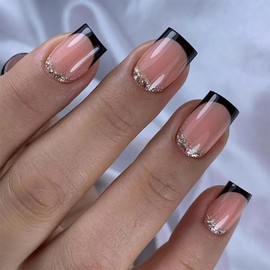 MERVF Square Press on Nails Short Fake Nails Black French Tip Glue on Nails Press ons Glitter French Squoval Acrylic Nails with Design Glossy 24pcs
