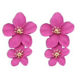 MALOYANVE Bohemian Flower Earrings for Women Delicate Big Double Layered Tiered Daisy Matte Metal Floral Petal Dangle Drop Statement Earrings Chic Boho Hawaii Vacation Wedding Flower Jewelry (Hot Pink)
