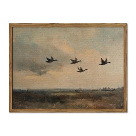 Vintage Flying Duck Wall Art, Rustic Landscape Wall Decor Retro Bird Painting Nature Wilderness 3D Textured Hand Drawn Sandstone Artwork Aesthetics for Bedroom Living Room 12x16 inch Wood Framed