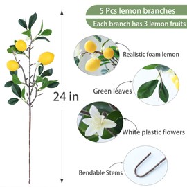 mizii 5pcs 24“ Artificial Lemons Branches 15 Head Fake Lemon Fruit with Stem Greenry Realistic Faux Lemon Decorations for Kitchen Party Centerpiece Table Office Spring Summer Decor (5)