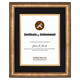 Golden State Art, 11x14 Vintage Antique Style Gold Document Frame for 8.5x11 Diploma/Certificate, Sawtooth Hangers for Wall Mounting with Real Glass, Black Trim (Black/Gold Double Mat)