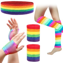 Leg Warmers Fishnet Gloves Headband Wristbands Neon Set, 80s Women Fancy Dress Costume Accessories, 1980s Retro Theme Party Costumes (Rainbow)