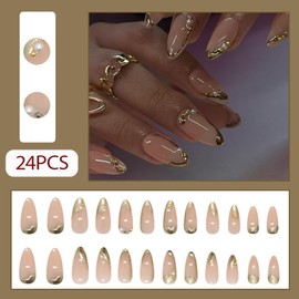 Hrnsnails Nail Press ons, Almond Press On Nails Medium French Tip Fake Nails with Gold-Plated Pearls and Sparkling Diamonds Design, Acrylic Artificial False Nails Press On Stick On Nails for Women
