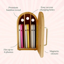 The Phone Box, Decorative Cell Phone Box for Family Time, Holds 6 Phones, Premium Bamboo Wood Phone Jail, Charging Holes, Free App