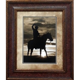 Cowboy Riding At Sunset - Western Art - Double Mat - 25X29"